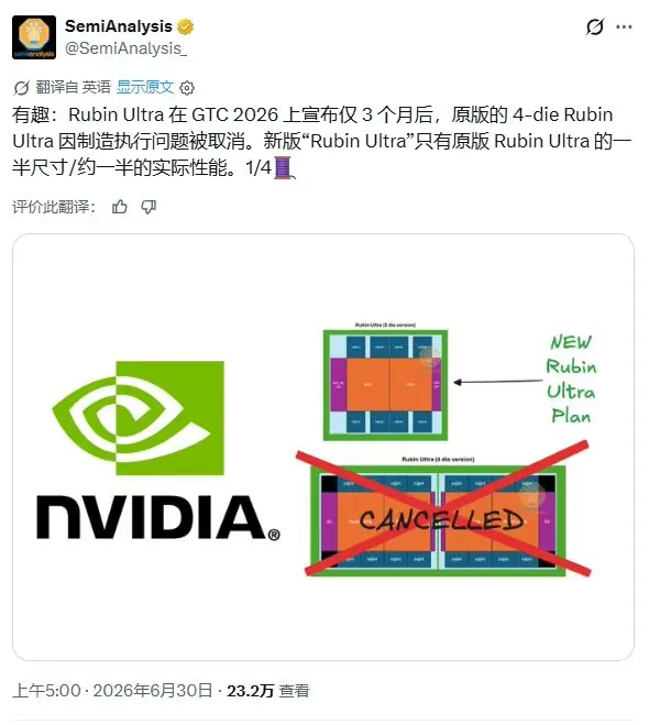 曝英伟达4芯片Rubin Ultra“发布仅三个月后就遭取消”引热议,SemiAnalysis称“英伟达份额正被侵蚀”