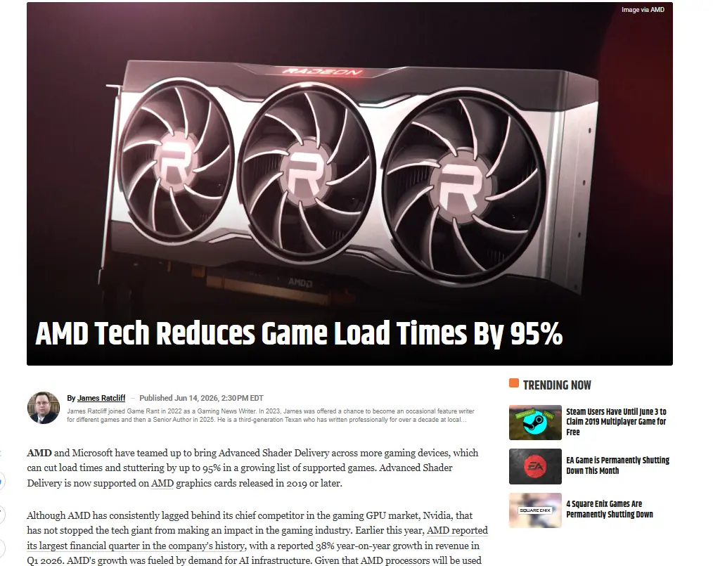 AMD显卡玩家有福了!新ASD技术减少游戏载入时间95%