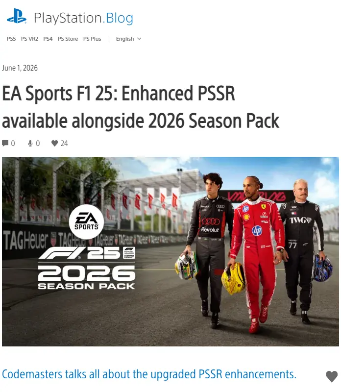 《F1 25》2026赛季包将新增支持PS5 Pro的增强版PSSR