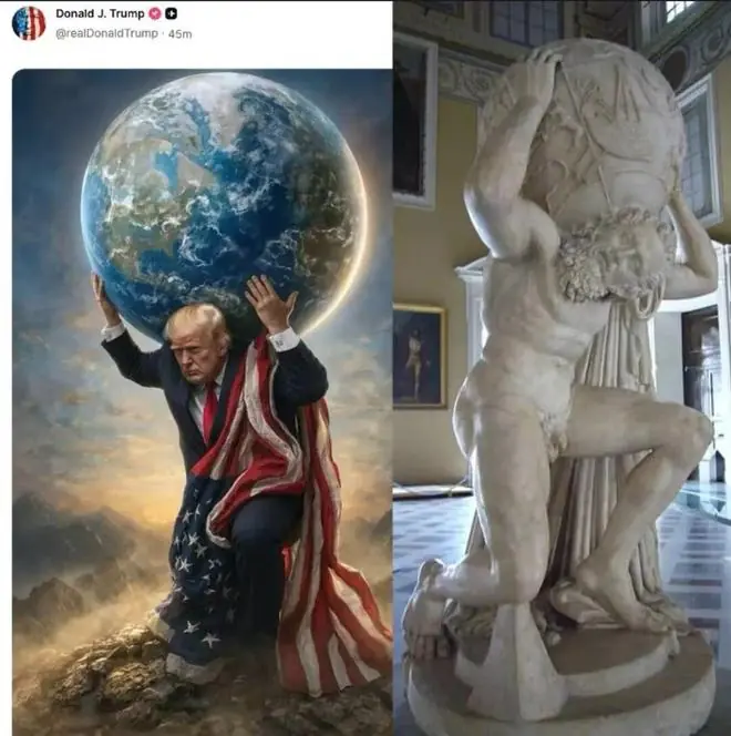 特朗普晒出“自己身披美国国旗，弯腰托举起地球”的图片