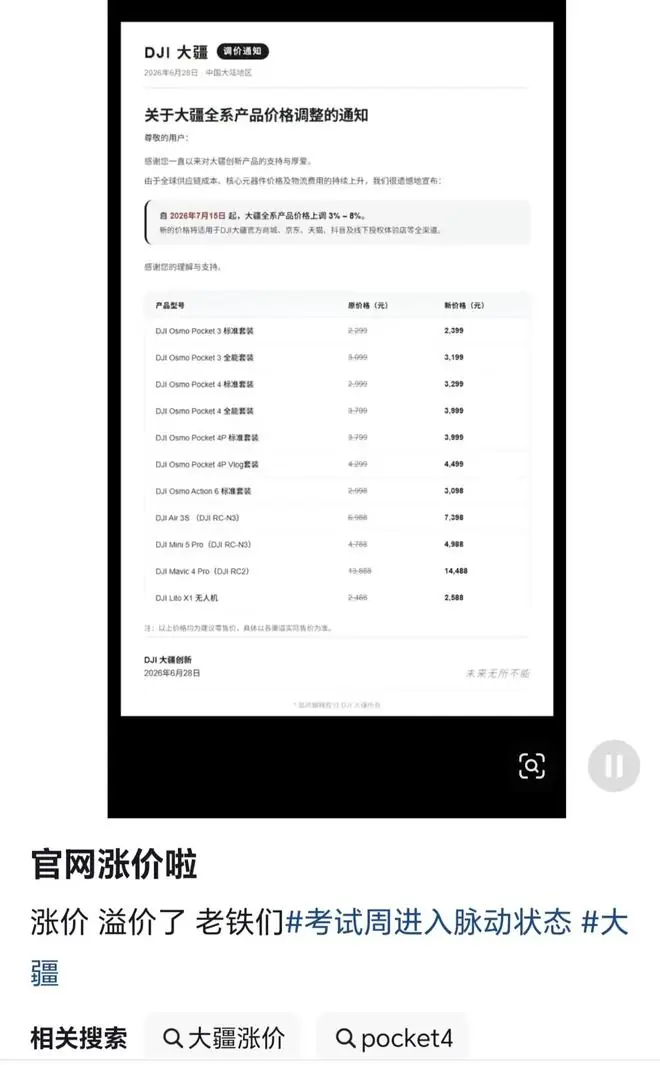 大疆将上调全系产品价格?公司回应