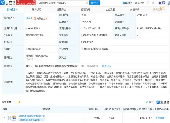 济民健康成立继明芯微电子公司,含AI相关业务