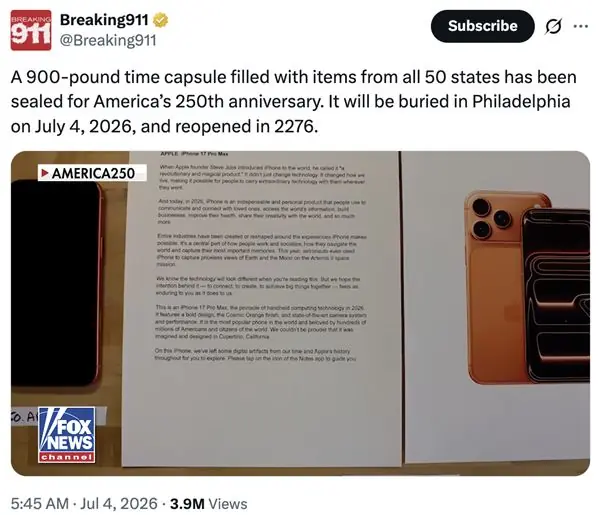 苹果iPhone17封进美国250周年时间胶囊 2276年挖出开机希望渺茫