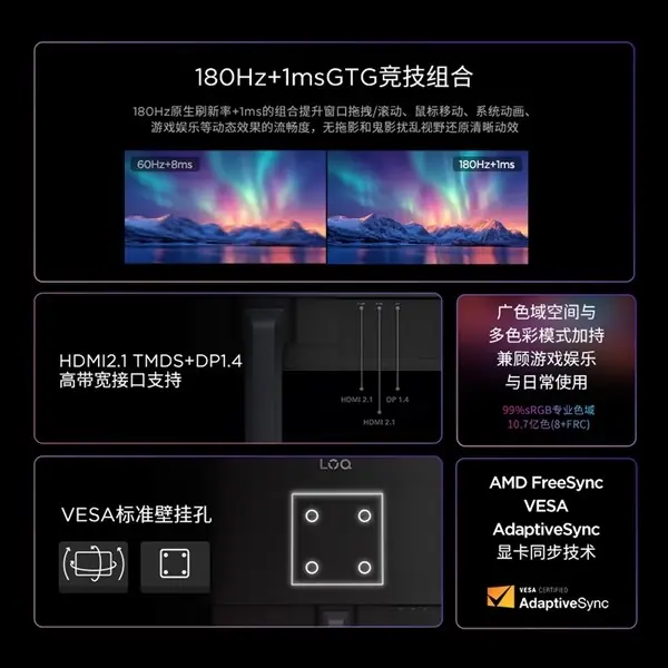 联想推31.5英寸2K/180Hz高刷VA显示器,售价1399元