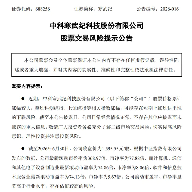 中科寒武纪发布股价风险提示:估值远超行业均值,警惕回调风险