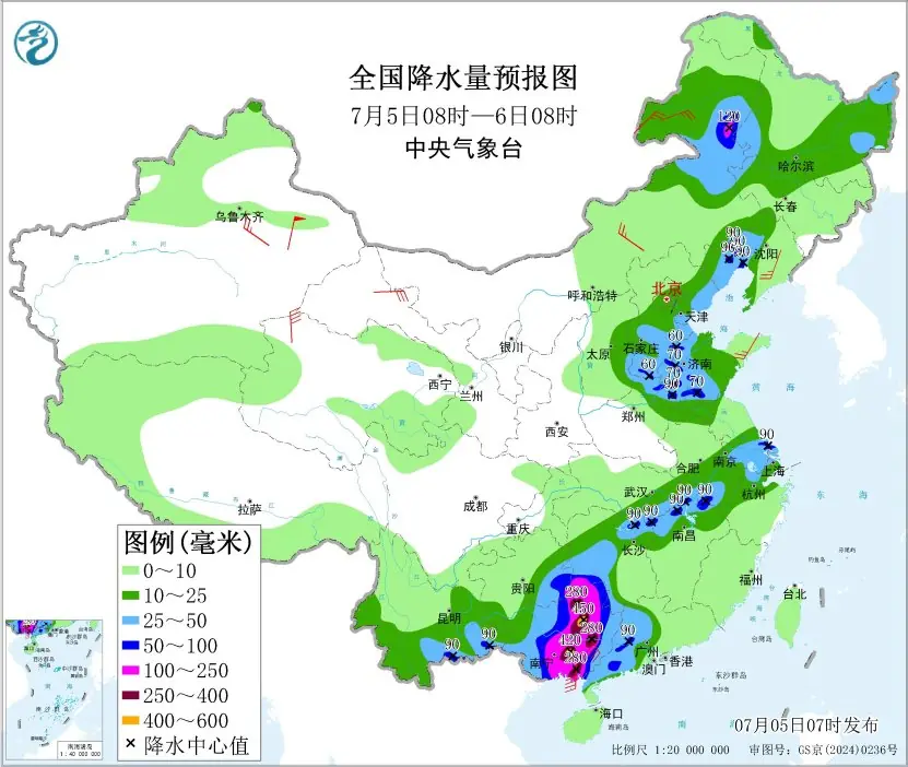 全国降水量预报图(7月5日08时-6日08时)