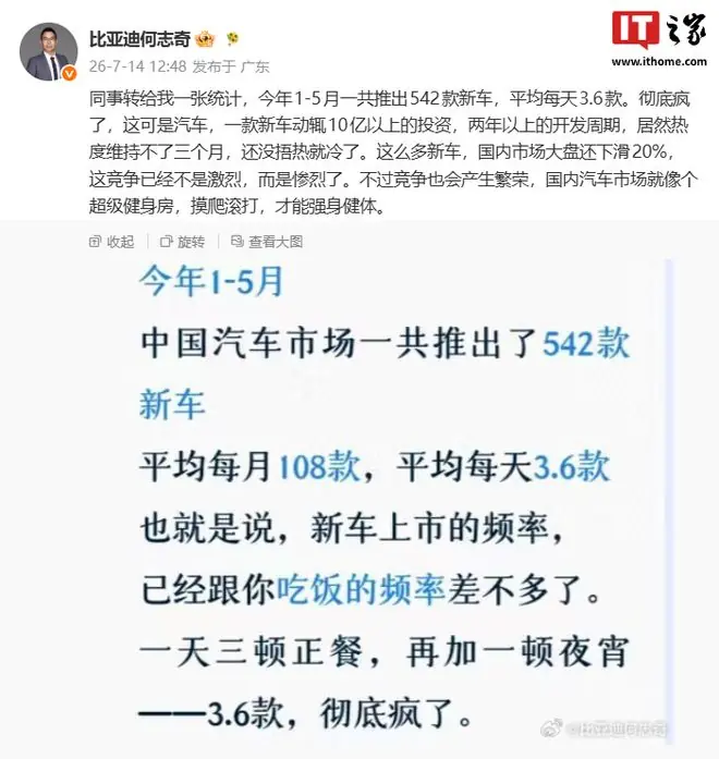比亚迪何志奇谈“国内今年1-5月共推542款新车”,称竞争惨烈