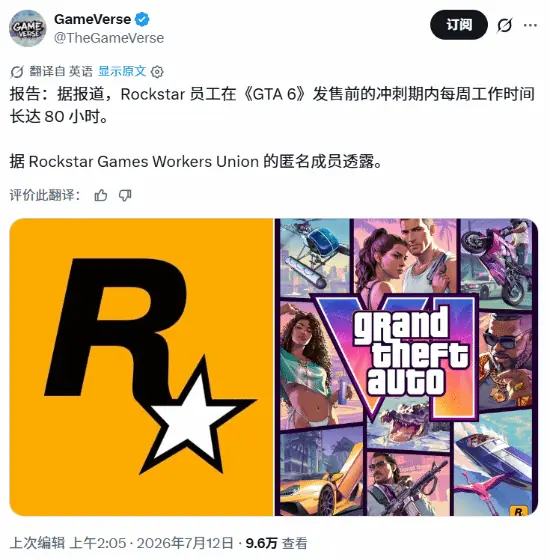 曝《GTA6》高强度赶工!员工超负荷 周工时超80小时