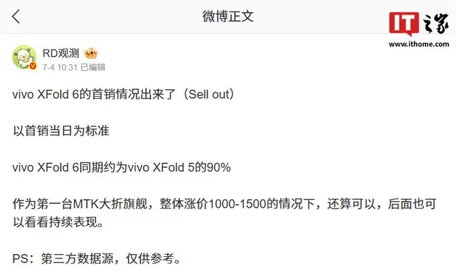 vivo X Fold6折叠屏手机首销情况曝光,同期约为上一代的90%